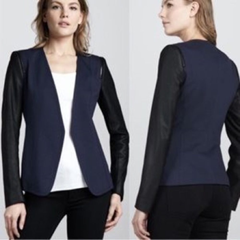 Navy Blue and Black Theory Blazer with Faux Leather Sleeves and Zipper Detail